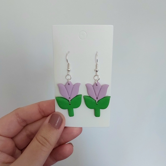Purple Tulip Flower Earrings - Picture 2 of 3